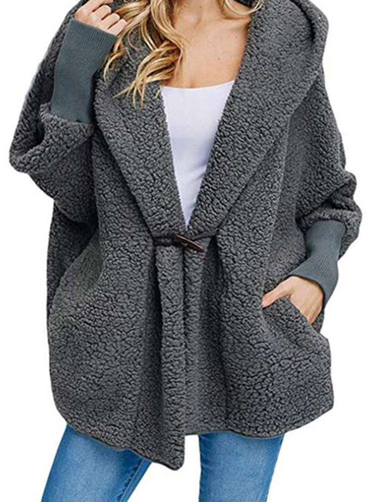 

Women Trendy Fleece Pure Color Batwing Sleeve Hooded Coats