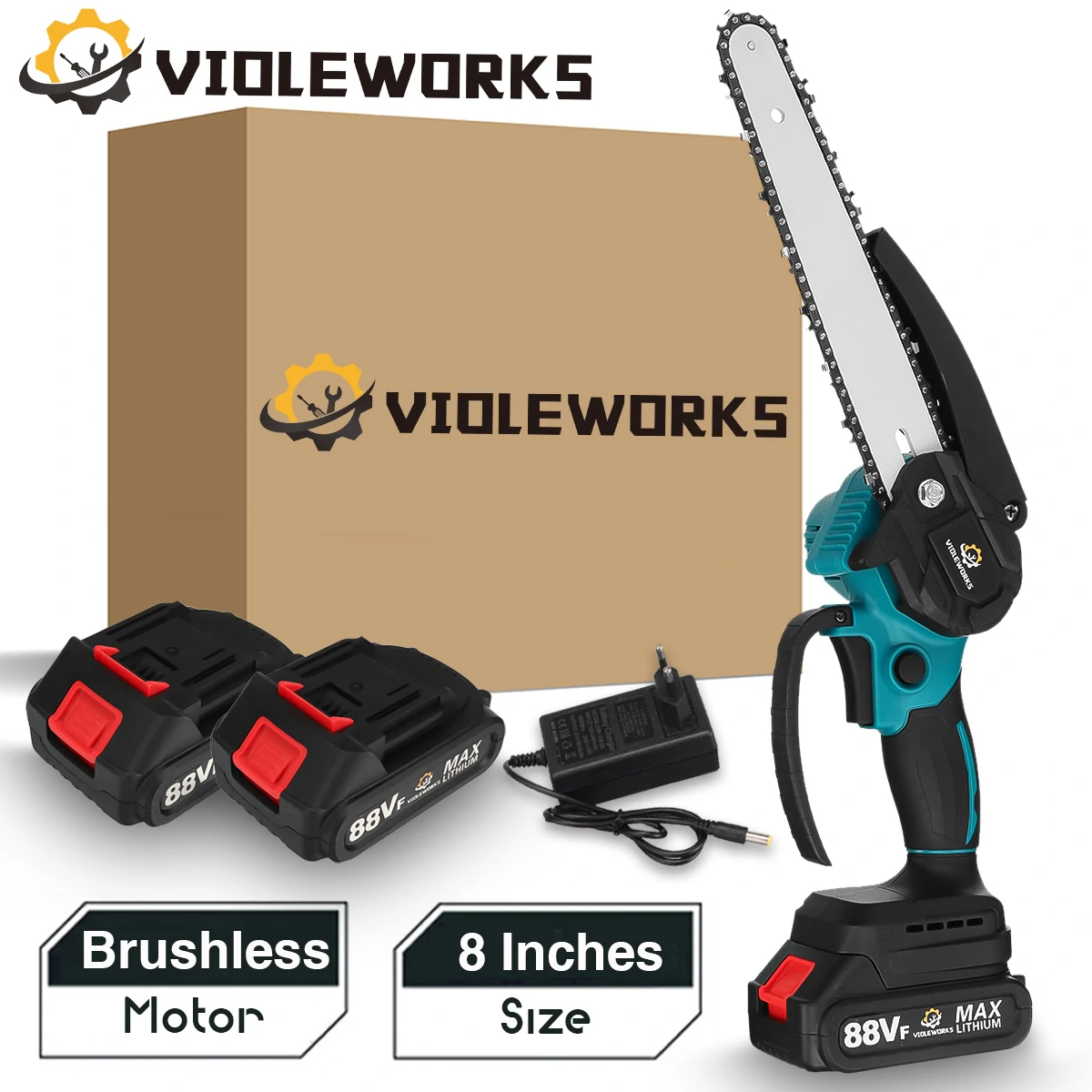 VIOLEWORKS 8-inch chainsaw with two batteries for 15 thousand