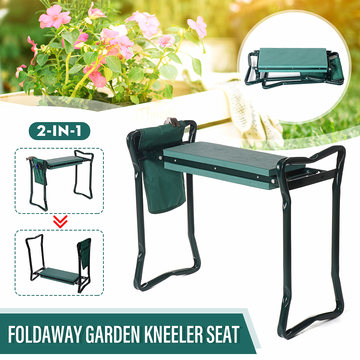 2IN1 Foldaway Garden Kneeler Seat Kneeling Bench EVA Soft Pad Stool W/ Outdoor Pouch 1