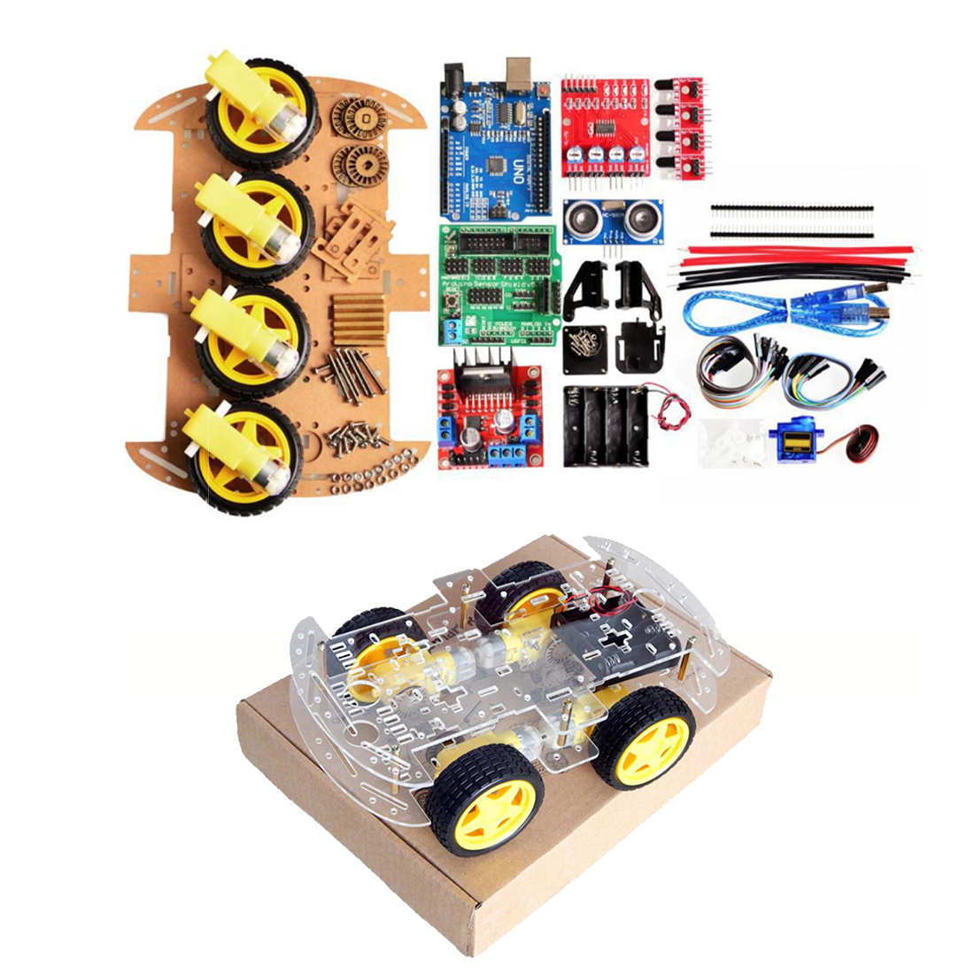 

4WD DIY Smart Chassis Car Kit For Arduino with UNO R3 + Ultrasonic Module+Motor drive board/3-6v TT Motor