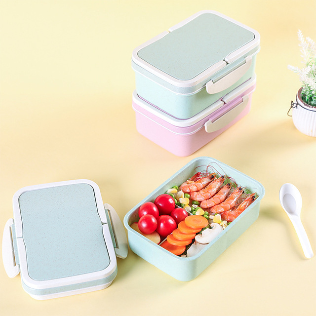 

Wheat Straw Double Lunch Box Student Hand With Spoon Grid Lunch Box Rectangular Lunch Box Plastic Lunch Box