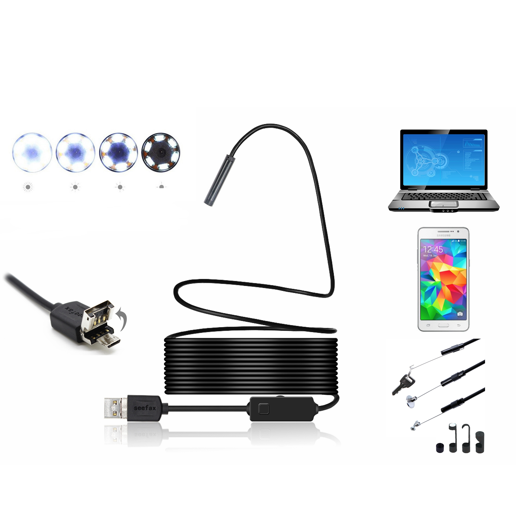 2 in 1 5mm 6LED IP67 Micro USB/USB Endoscope Borescope Inspection Camera Rigid Cable for Android PC