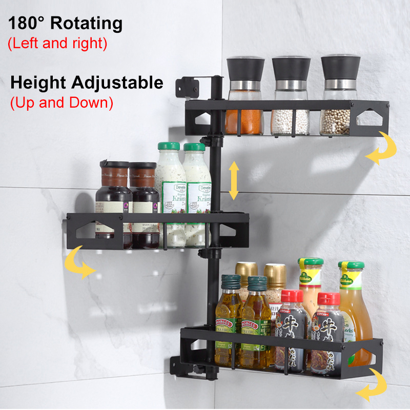Jiexing JXE04-BK-SR 2/4 Layers Wall-mounted Rotating Spice Rack Punch-free Adjustable Height for Kitchen 4