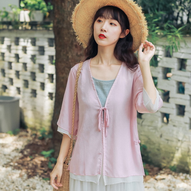

Китайский стиль ретро литературный шифон Hanfu кардиган Женское Свободная одежда для защиты от солнца Рубашка китайский дзен Чай Платье Руб