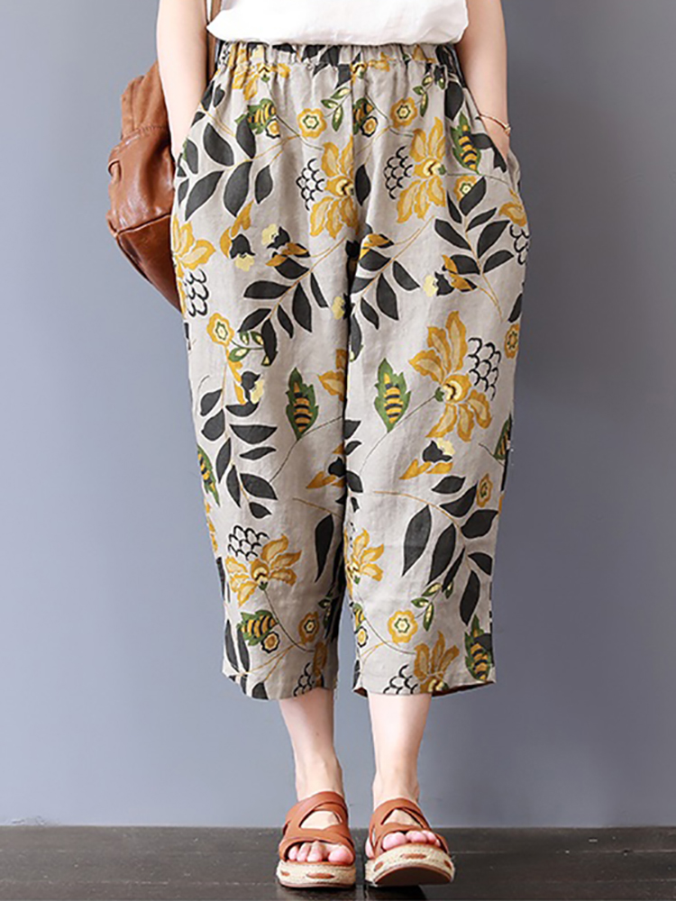 New Vintage Women Floral Print Elastic Waist Pants with Pockets – Chile ...