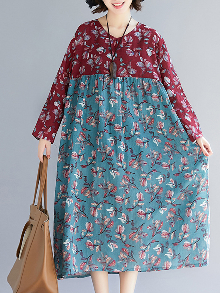 

Женское Цветочный принт Лоскутное хлопковое белье с длинным рукавом Платье