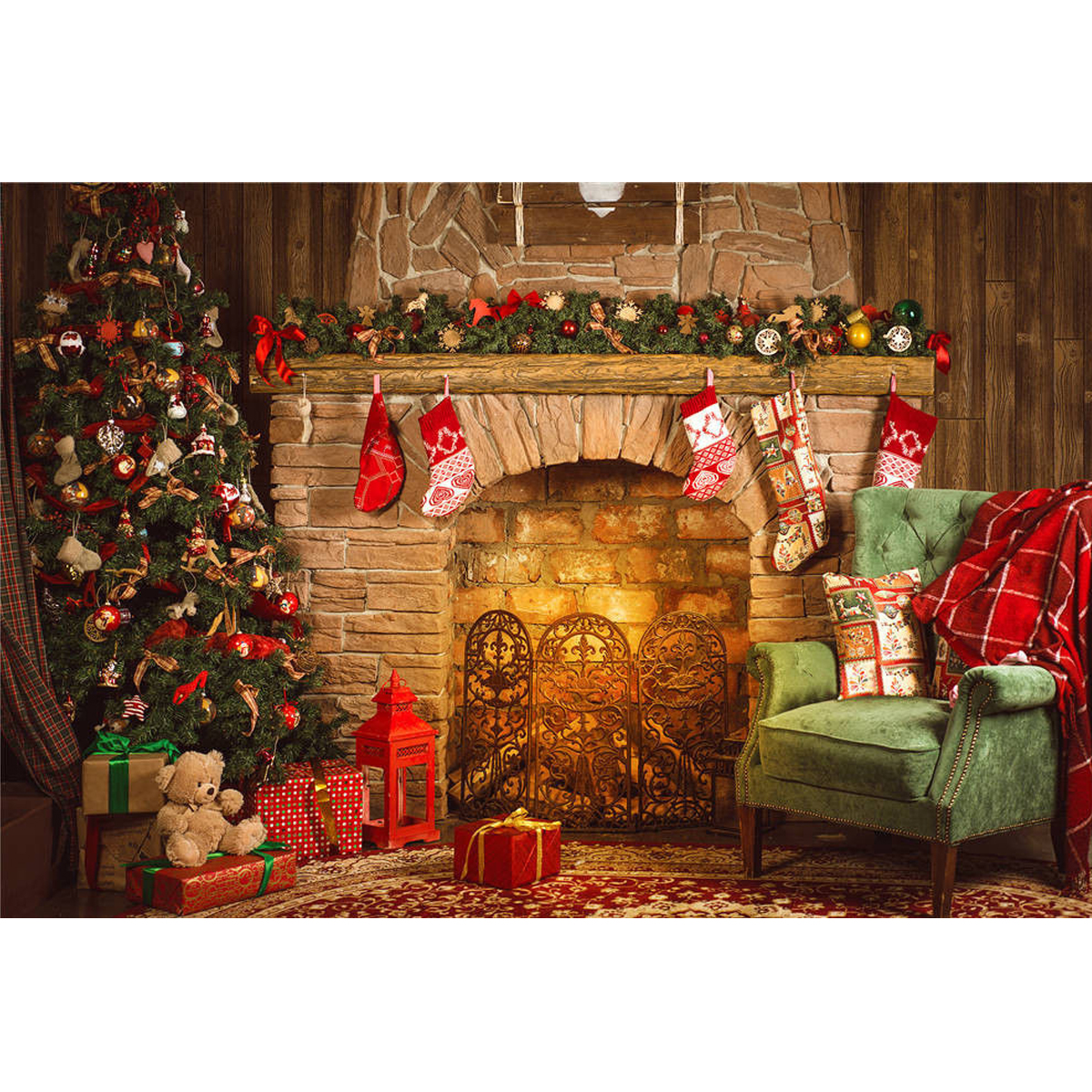 

7x5FT Christmas Tree Fireplace Chair Gift Photography Backdrop Studio Prop Background