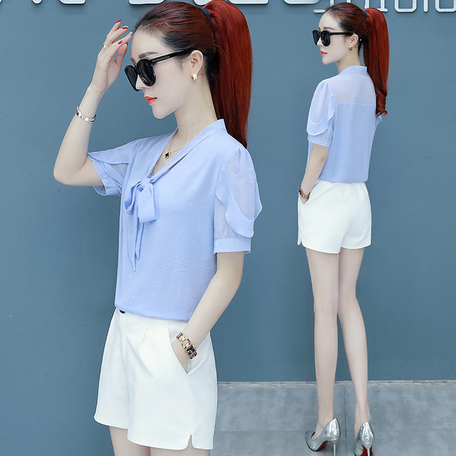 

Solid Color Chiffon Shirt Women's Season New Fashion Foreign Style Was Thin Temperament Bow Bottoming Small Shirt Tide