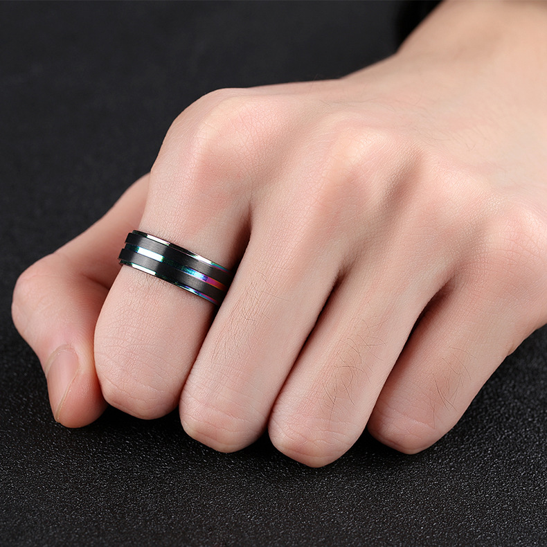 7mm Black Gold Double Plating Finger Rings Titanium Steel Ring for Men