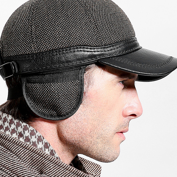 

Men Winter Warm PU Woolen Baseball Cap With Ears Flaps Outdoor Snapback Hats Adjustable