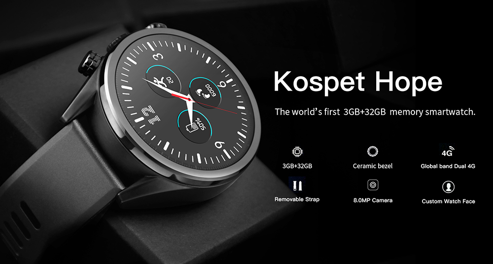Kospet Hope 3G+32G 4G-LTE Watch Phone 1.39' AMOLED IP67 WIFI GPS/GLONASS 8.0MP Android7.1.1 Smart Watch - Black