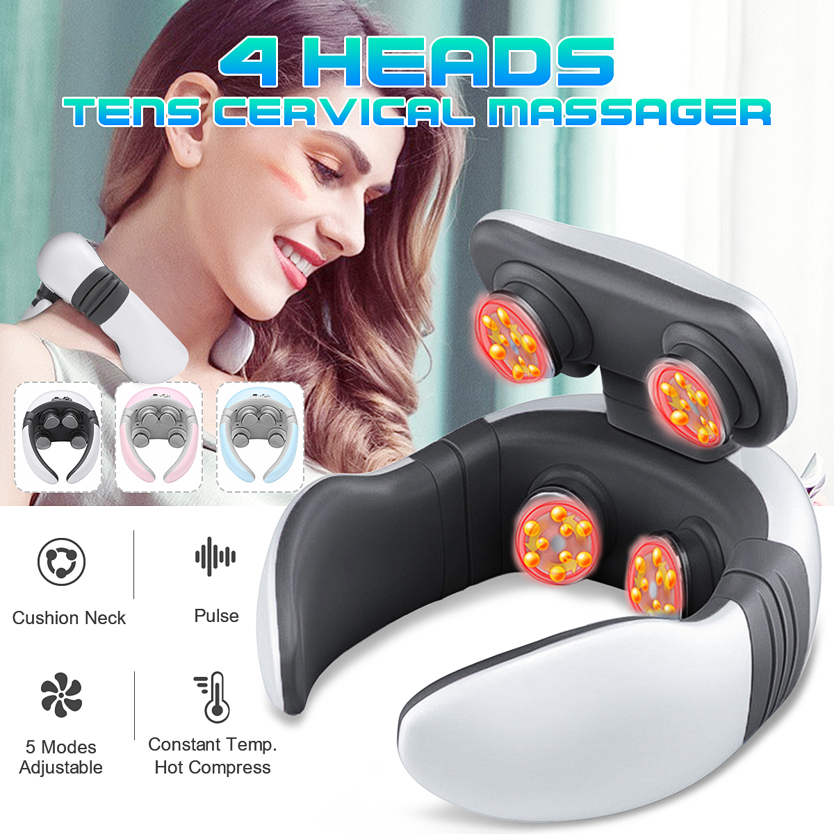 Rechargeable 4 Head Smart Neck Massager W/ Remote Control Neck Shoulder Pulse Electric Massager Promote Blood Circulation