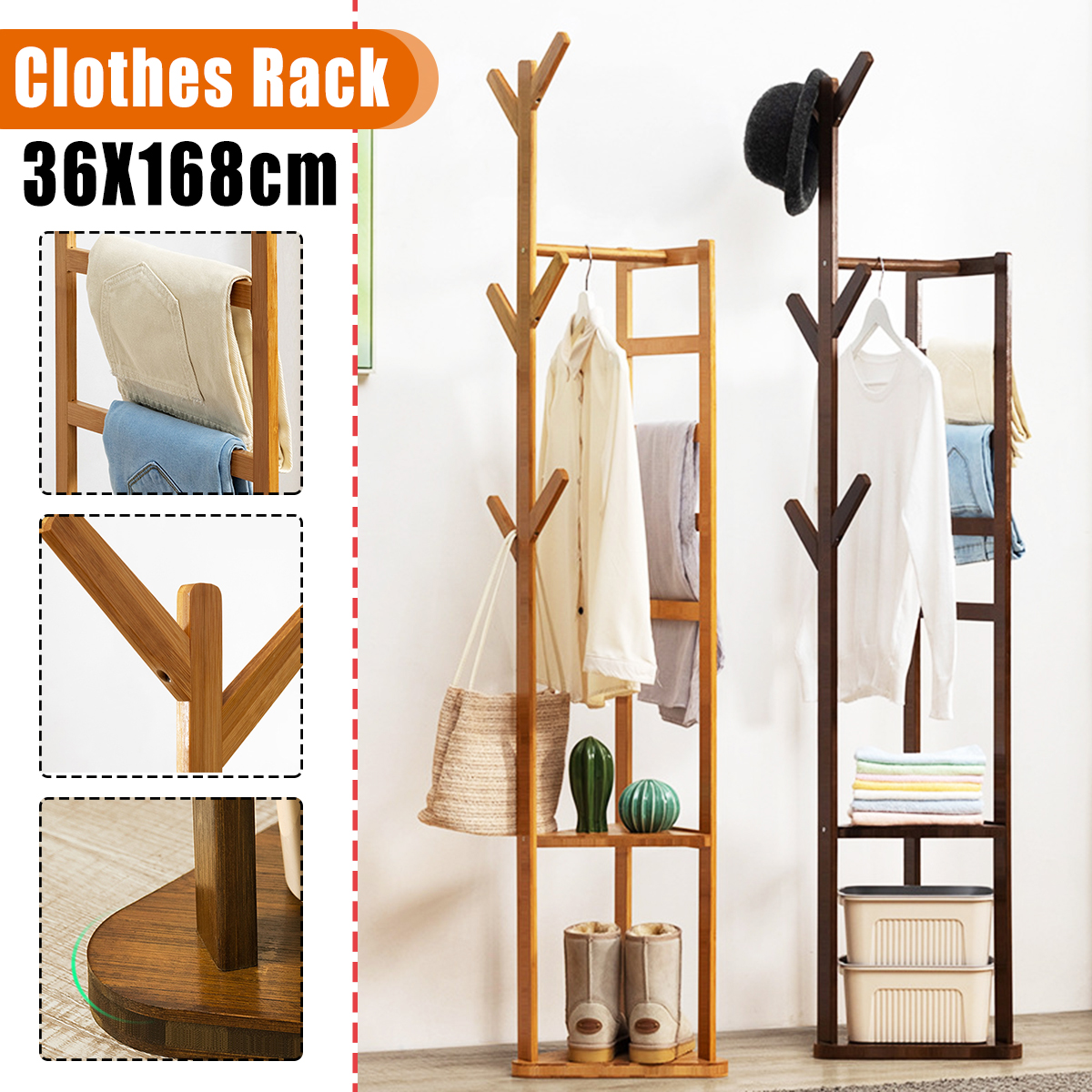 Garment Coat Rack Stand Clothes Wooden Hanger Hat Bag Umbrella Hook Holder Shelf 5