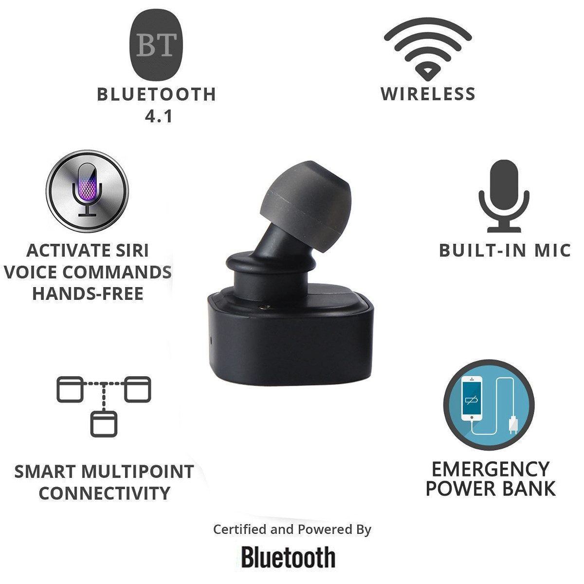 2-in-1 Portable Mini Wireless Bluetooth Earphone Headphone With USB Power Bank