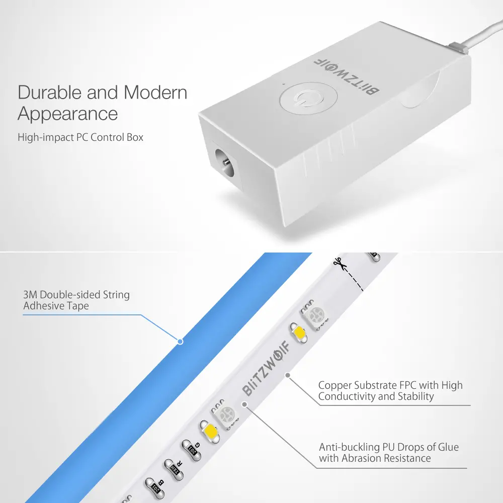 BlitzWolf® BW-LT11 2M RGBW Akıllı APP Kontrolü LED Şerit Işığı AB Tak Kit + 1M Şerit Işığı Uzatma Plus DC12V
