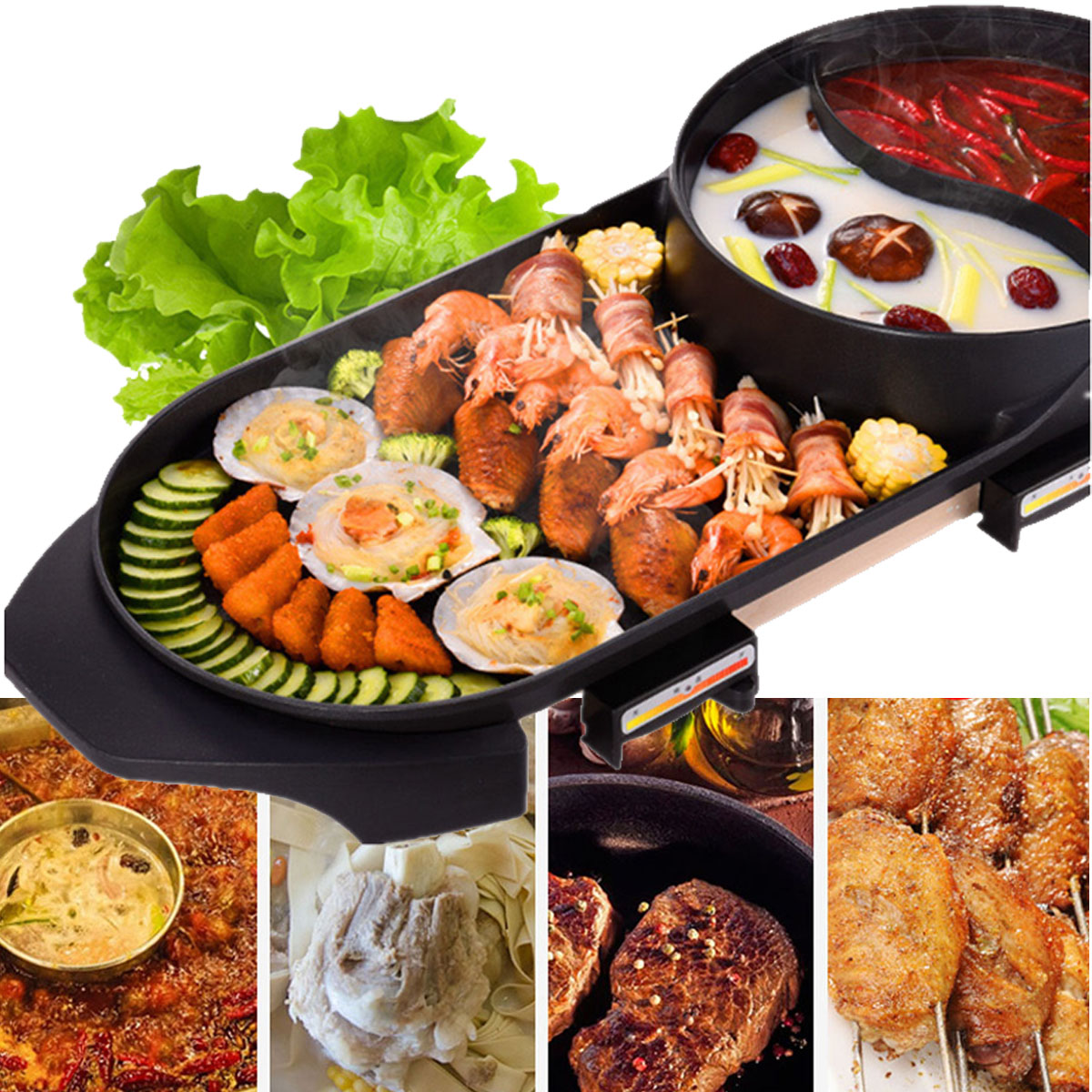 

220V Electric 2 in 1 Hot Pot Oven Non-stick Smokeless Barbecue BBQ Machine Pot BBQ Grill Pan