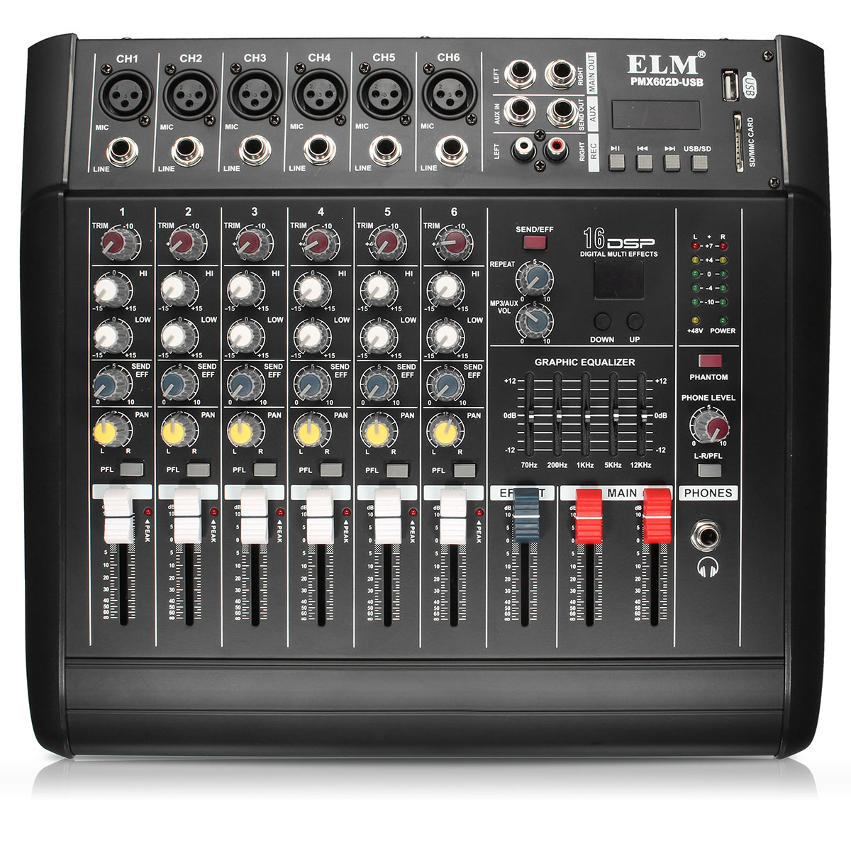 

EL M PMX602D-USB 6-канальное питание Усилитель DJ Karaoke Audio Mixer Поддержка USB-карта памяти