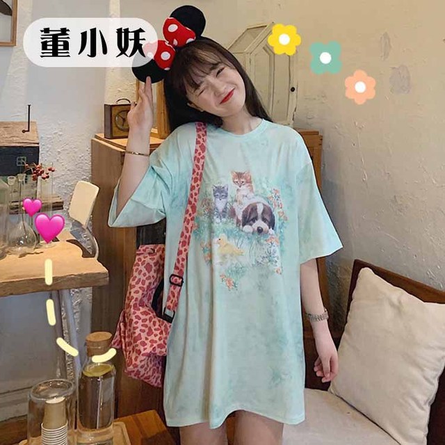 

Dong Xiao Yao Season New Loose Long Section Cute Vintage Print Girl T-shirt Dress