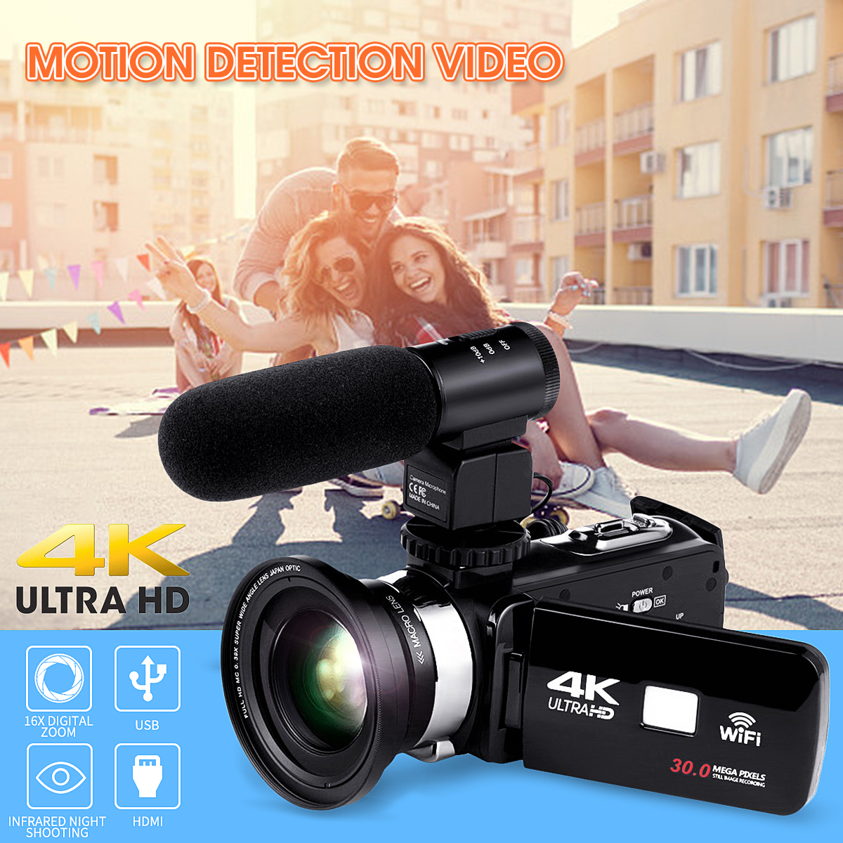 4K WiFi Ultra HD 1080P 16X ZOOM Digital Video Camera DV Camcorder with Lens and Microphone 48