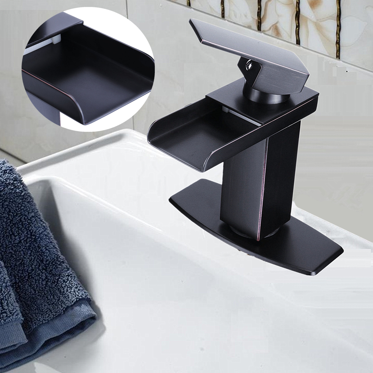 

Oil Rubbed Square Faucet Bathroom Single Tap Basin Waterfall Spout Sink Mixer