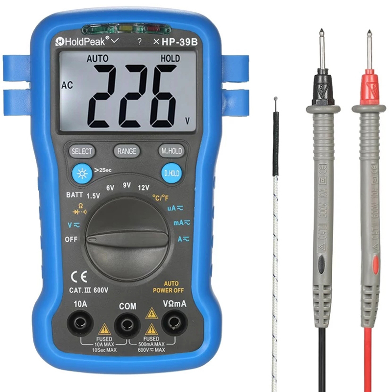 

HoldPeak HP-39B Backlight LCD Multi-functional Digital Multimeter DC/AC Voltage Current Meter Resistance Temperature Battery Diode Continuity Tester with Wrist Strap