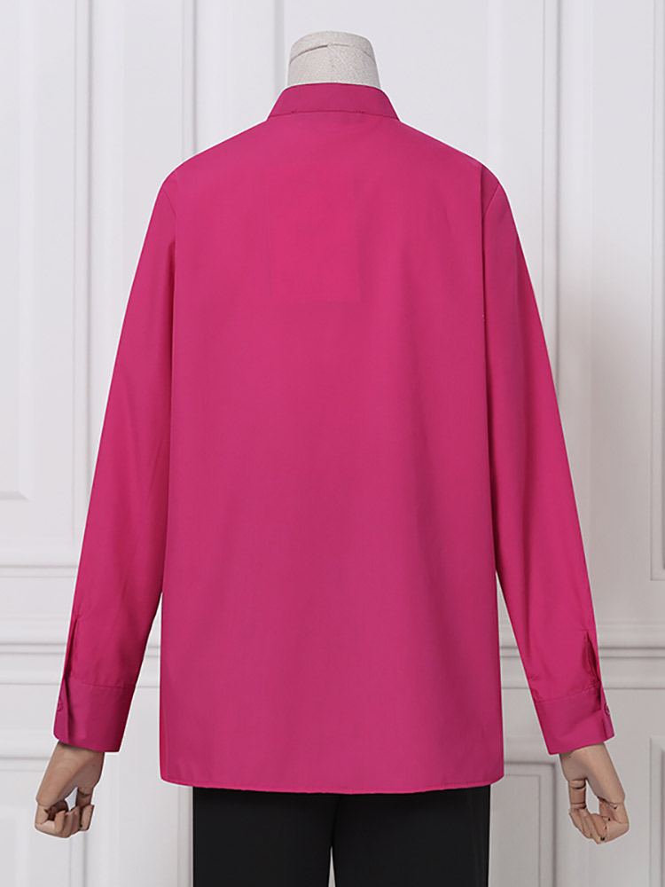 Women Pleats Solid Color Stand Collar Irregular Hem Casual Shirts 6
