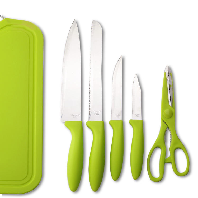 

KCASA KF-3 6 Pieces Kitchen Multifunctional Green Stainless Steel Easy Cutting Knifes Scissor PP Cutting Board Knife Sets