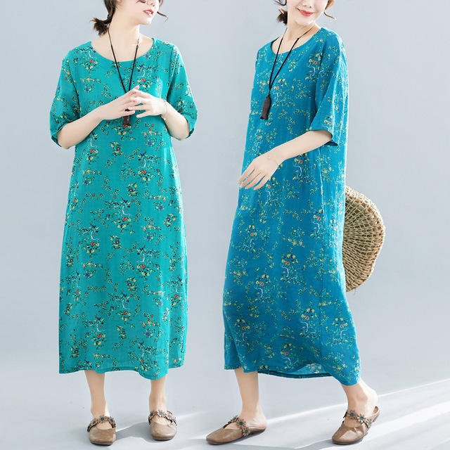 

Fy8282 Feimina Large Size Women's Season Loose Short-sleeved Printed Cotton And Linen Dress Long Skirt