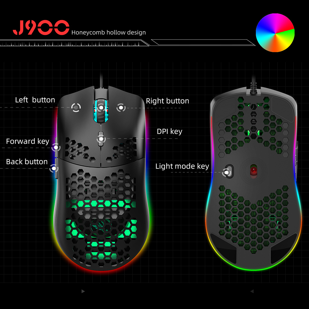 HXSJ J900 Wired Gaming Mouse Honeycomb Hollow RGB Game Mouse with Six Adjustable DPI Ergonomic Design for Desktop Computer Laptop PC 24