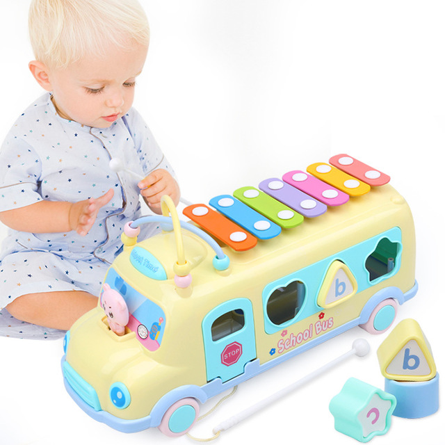 

Children's Bus Knocking Piano Baby Puzzle Beat Musical Instrument Toys Infant Early Education Building Blocks Eight-tone Piano Multifunctional