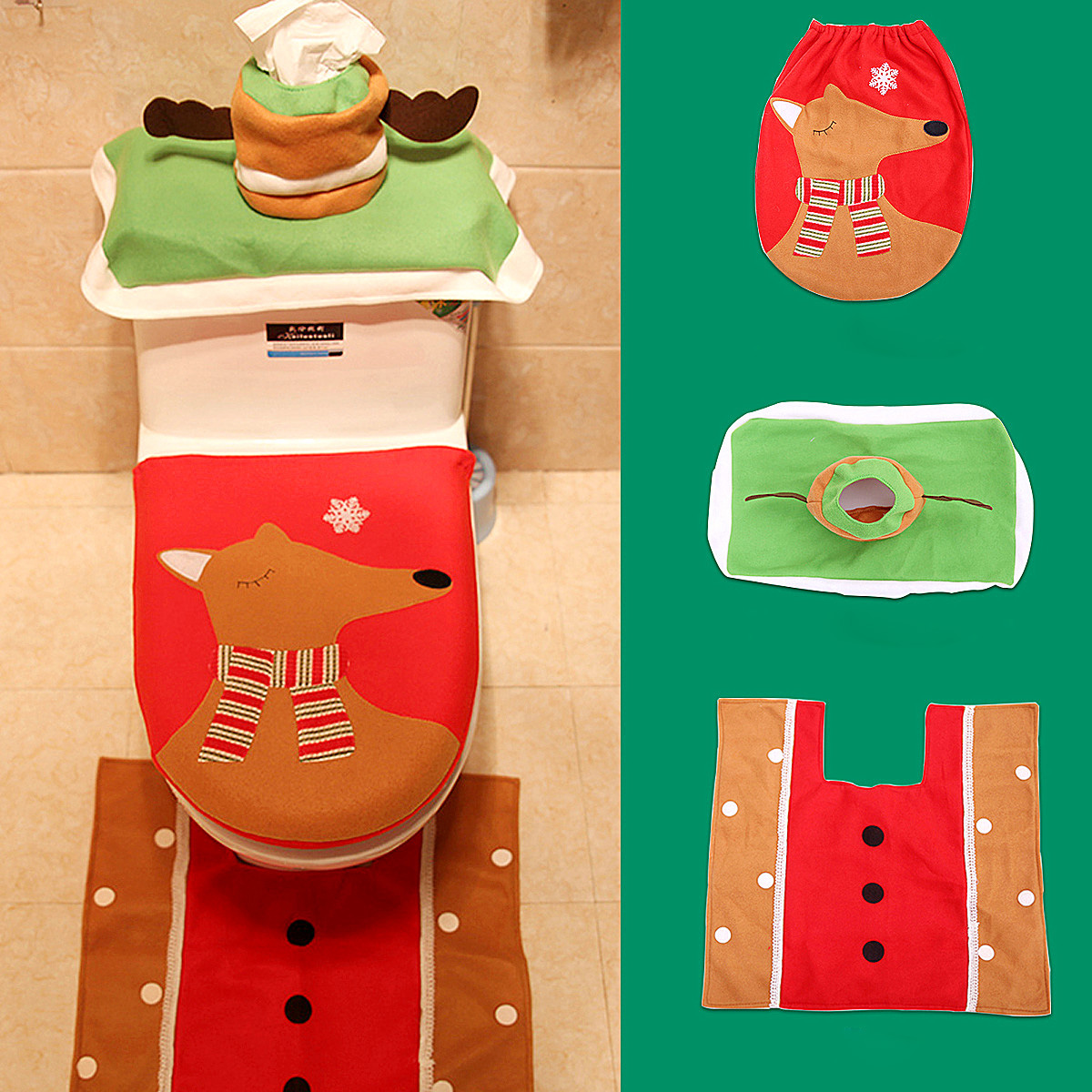 

3PCS рождественские салфетки для унитаза для одежды Wtih Tissue Коробка и ковер Ванная комната Set Christmas Decor
