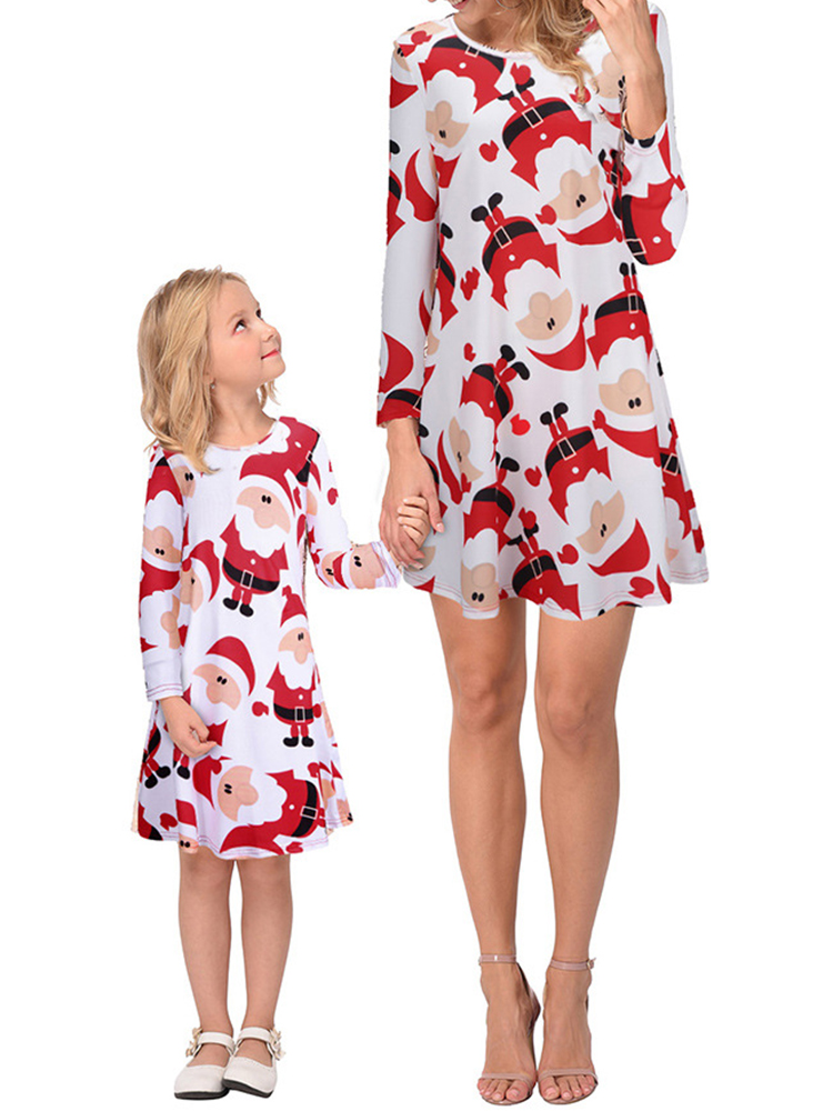 Women Christmas Snowman Print Long Sleeve Mini Dress Parent-child Dress