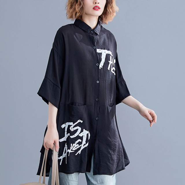 

Fat Sister Literary Costume In The Long Section Half-sleeved Printed Shirt 200 Kg Fat Mm Large Size Women's Loose Casual Shirt