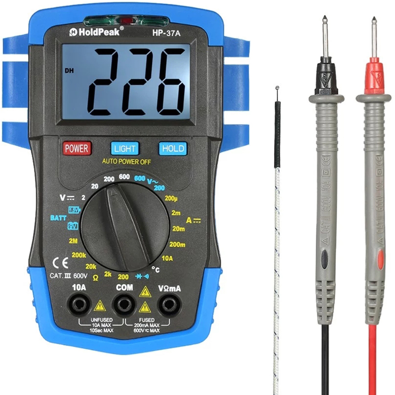 

HoldPeak HP-37A Backlight LCD Digital Multimeter DC/AC Voltage Current Meter Resistance Temperature Battery Diode Continuity Tester