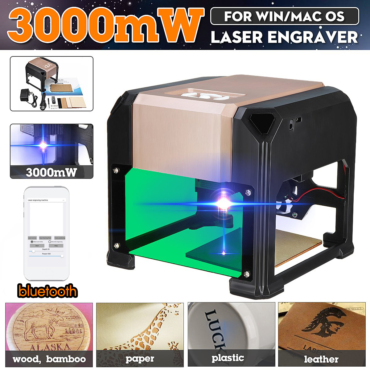 3000mW Golden Desktop Laser Engraving Machine Mini bluetooth Logo Marking Engraver DIY Mark Carver Printer 12
