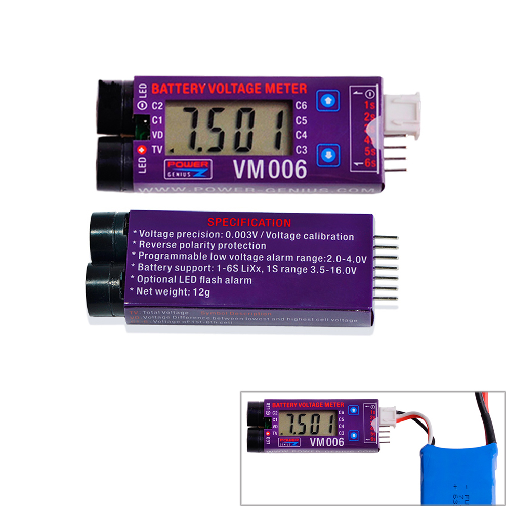 

VM006 1-6S DC 3.0-27.0V LiPo Battery Accurate 1mV Battery Voltage Meter LCD Liquid Crystal Display Alarm