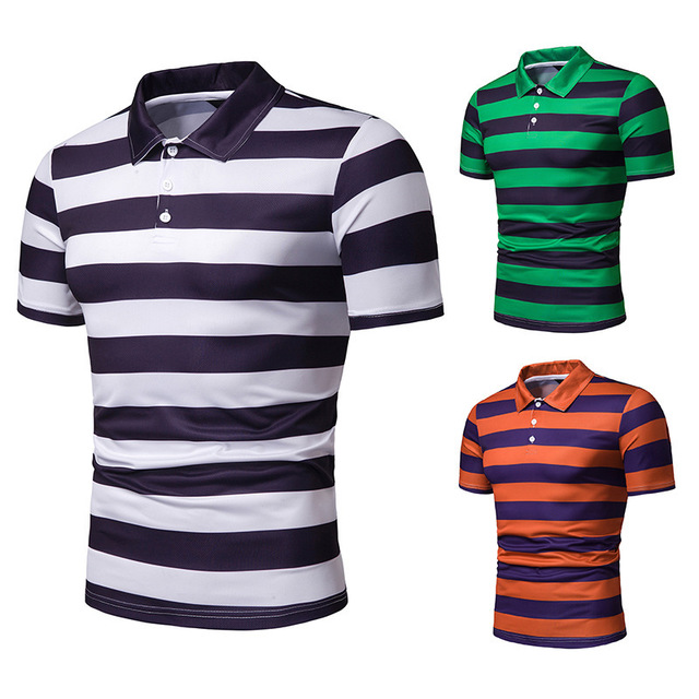 

New Season Men's Short-sleeved Shirt Men's Contrast Color Stripes Slim Lapel Casual T