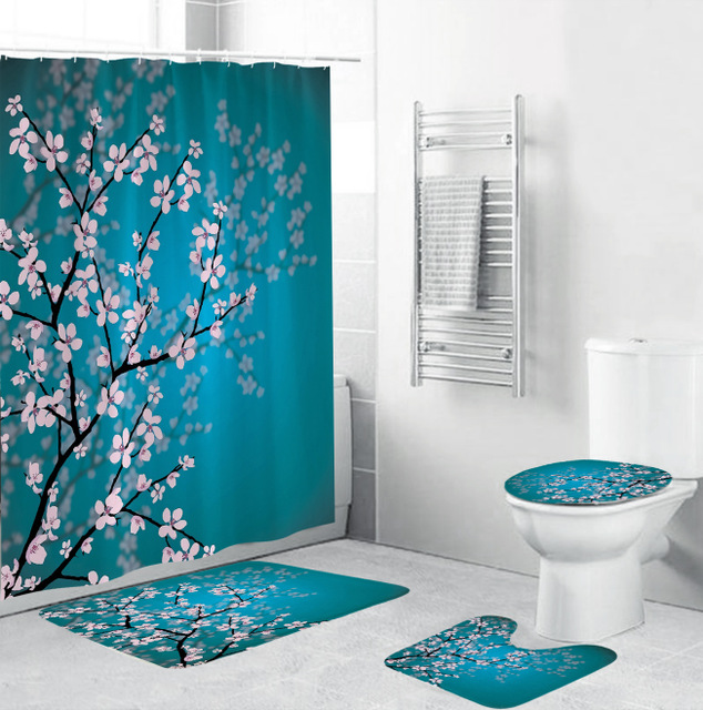 

3d Digital Printing Polyester Flower Waterproof Shower Curtain Green Plant Floor Mat Toilet Three-piece