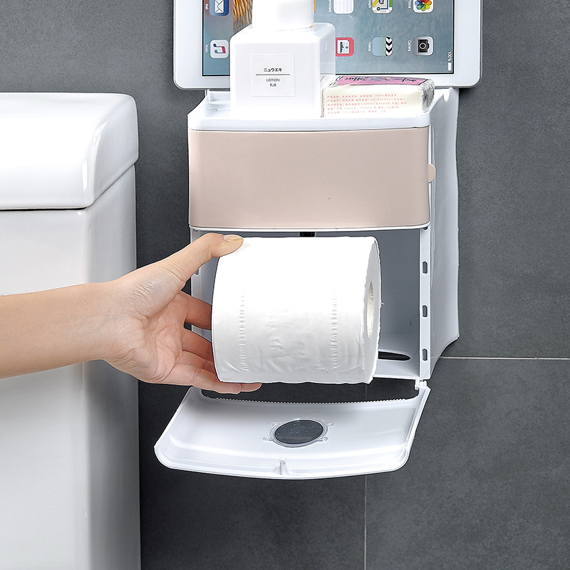 

Waterproof bathroom tissue box toilet paper towel pumping no trace stickers bathroom storage box free punch creative double layer