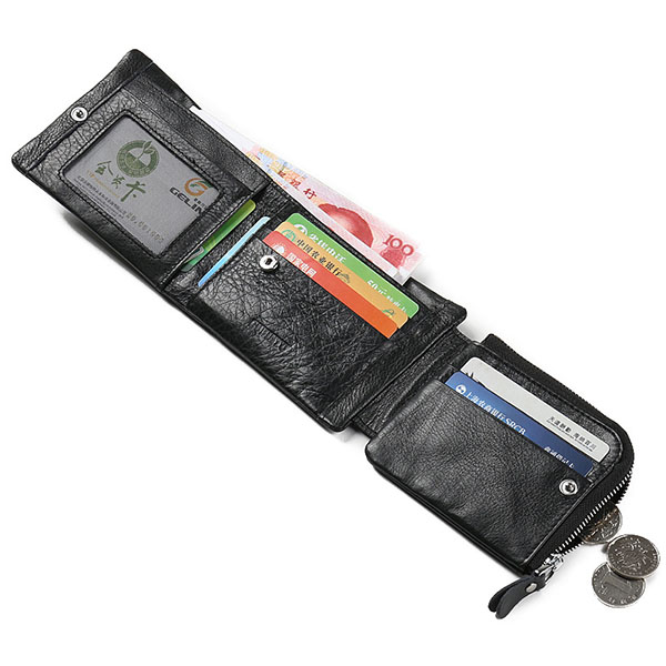 

Men Genuine Leather Black Tri-fold Short Wallet Cash/Credit Cards Holder Slim Purse