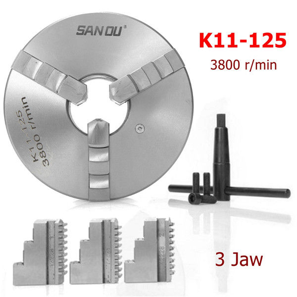 3 Jaw K11-125 Lathe Chuck 5'' Self Centering Hardened Steel Reversible 125mm US