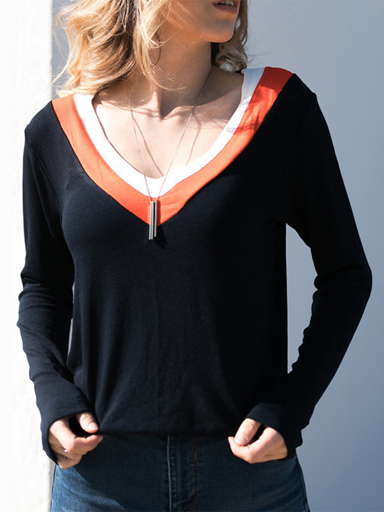 

Повседневная Женское однотонная блузка с длинным рукавом с v-образным вырезом