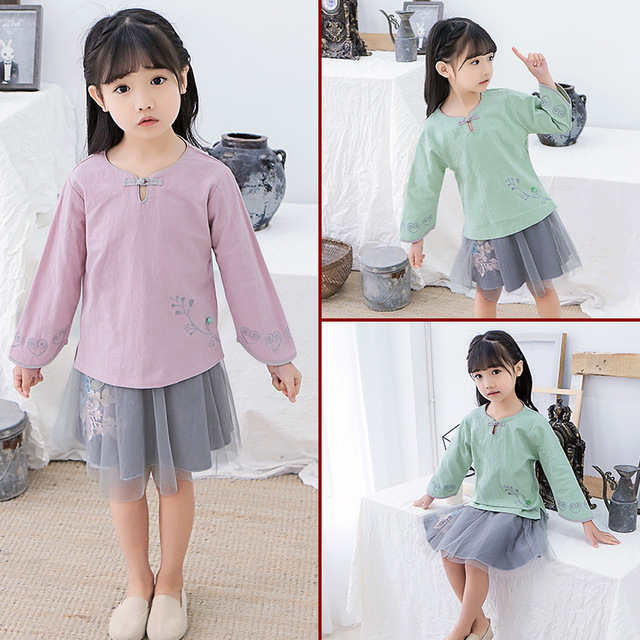 

19 Children's Tang Suit Girls Two-piece National Wind Suit Baby Season New Cotton And Linen Hanfu Folk Country Children's Clothing