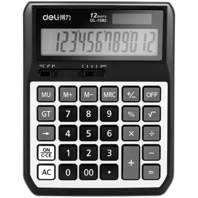 

Deli 1582 Calculator 12 Digit Dual Power Battery and Solar Powered Metal Panel Automatic On/Off Business Finance Office School Desktop Voice Calculator