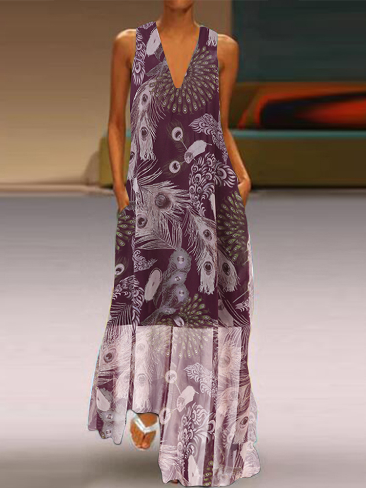 

Богемный Карман с V-образным вырезом без рукавов с цветочным принтом Maxi Платье