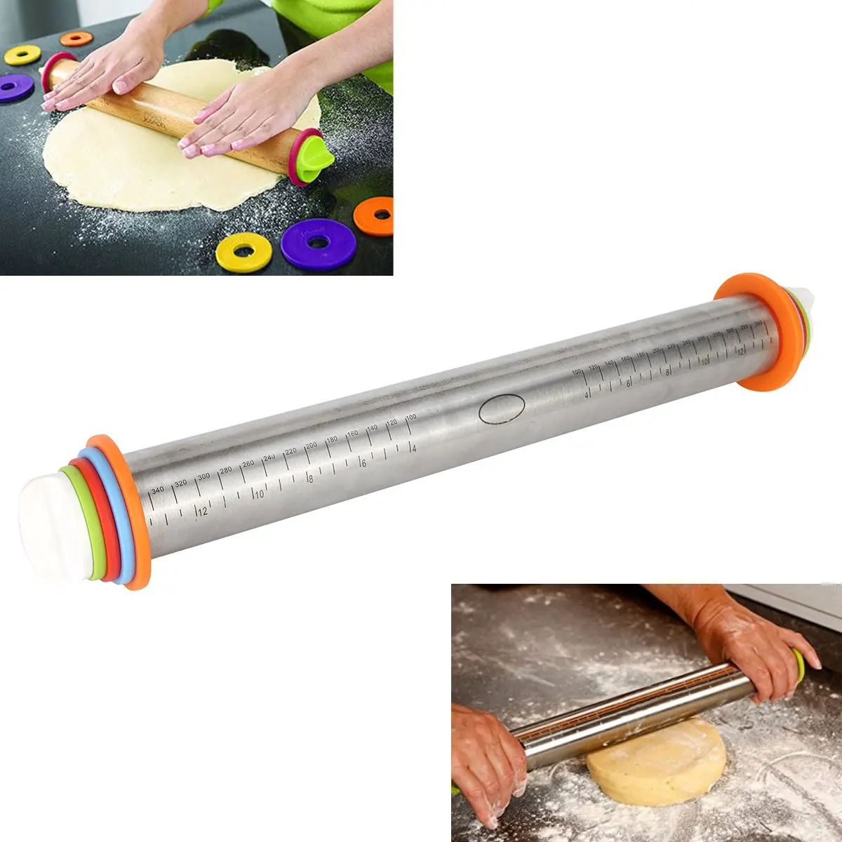  Stainless Steel Removable Rolling Pin Tools For Baking Dough Pizza Cookies 4 Sizes Adjusting Discs