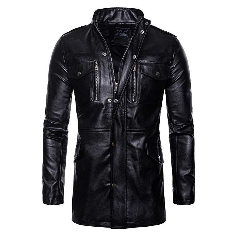 

Mens Mid Long Faux Leather Black Stand Collar Biker Jacket
