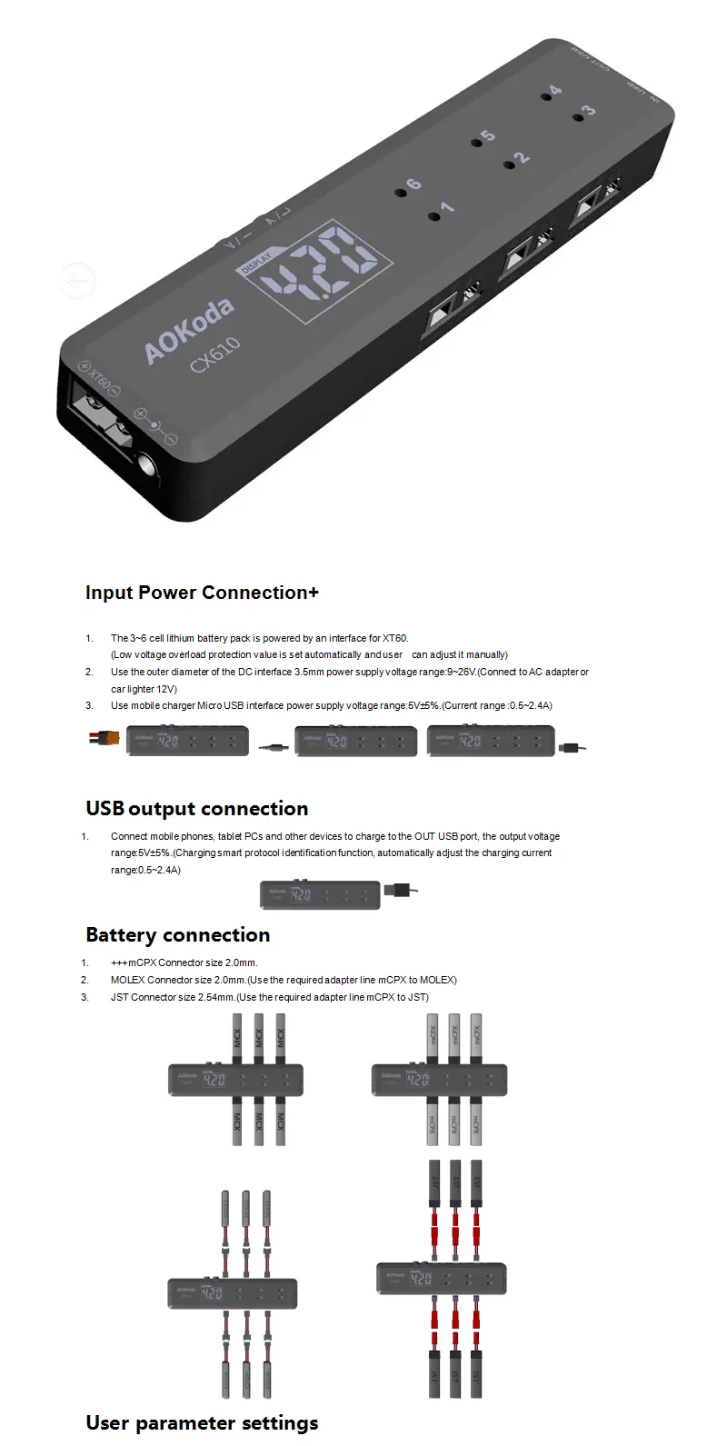 AOKoda CX605 CX610 6CH DC/XT60/USB Battery Charger for 3.7V 1S Lipo Battery