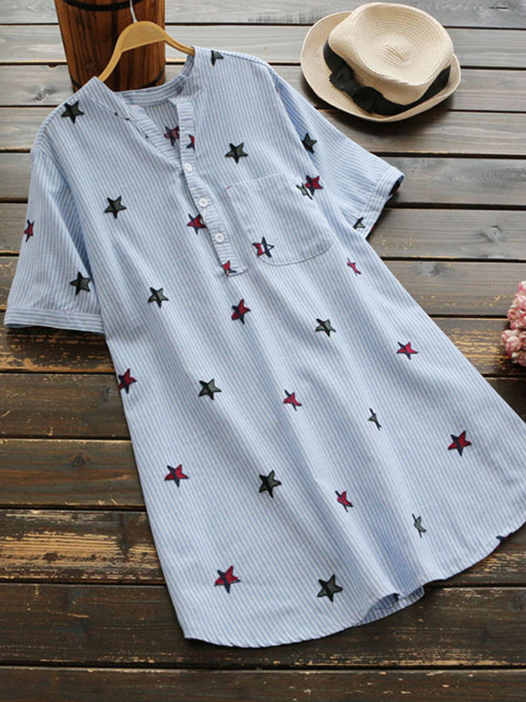 

Женское Летняя свободная полоса V-образным вырезом карманная блузка