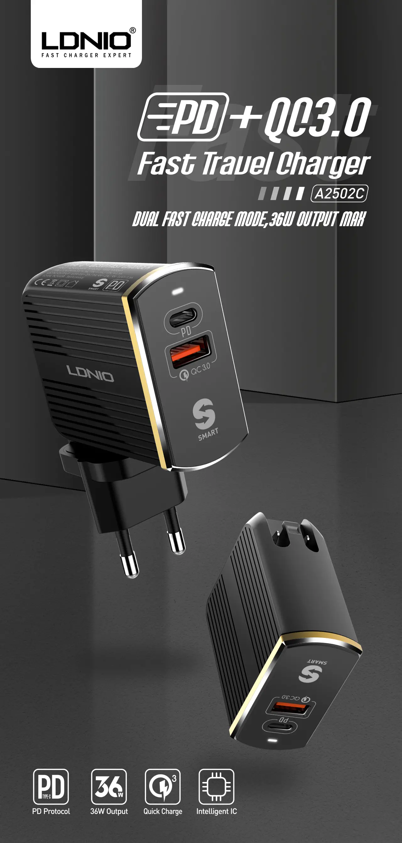 4cb01d05 8518 4467 9677 52c016fa2d5a.jpg LDNIO A2502C EU Plug QC3.0 USB + Type-C Fast Travel USB Charger